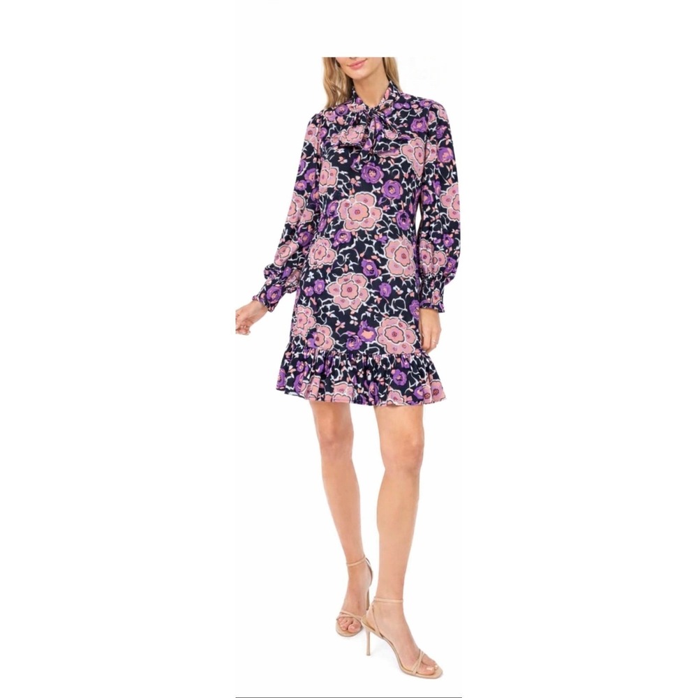 Melloday Floral Tie Neck Ruffle Hem Mini‎ Dress Purple Pink Size Small